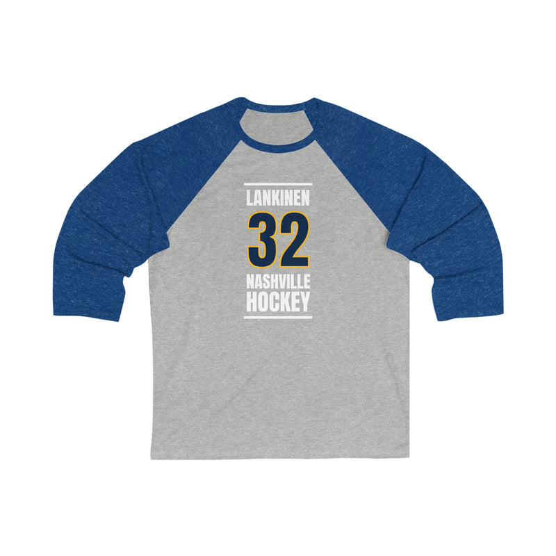 Lankinen 32 Nashville Hockey Navy Blue Vertical Design Unisex Tri-Blend 3/4 Sleeve Raglan Baseball Shirt