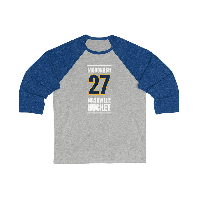 McDonagh 27 Nashville Hockey Navy Blue Vertical Design Unisex Tri-Blend 3/4 Sleeve Raglan Baseball Shirt